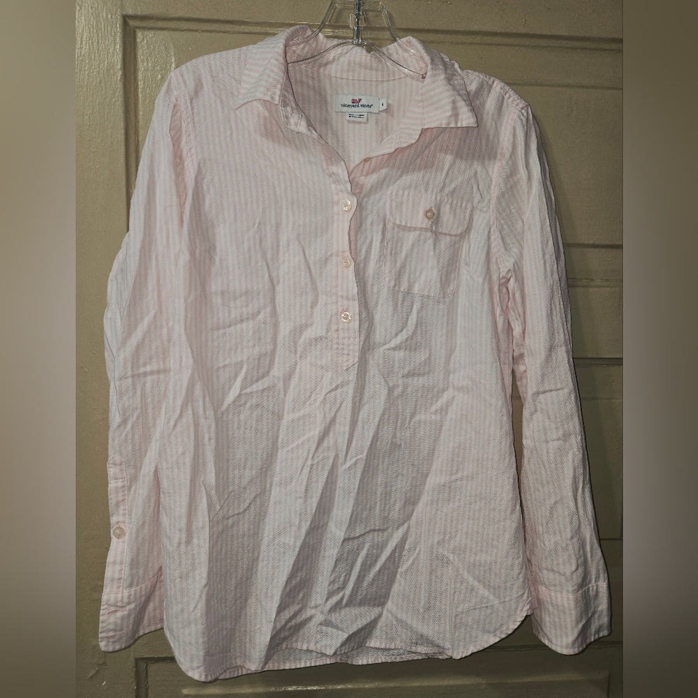 Vineyard Vines Pink White 1/2 Button Front Preppy Long Sleeve Shirt EUC Size: 4